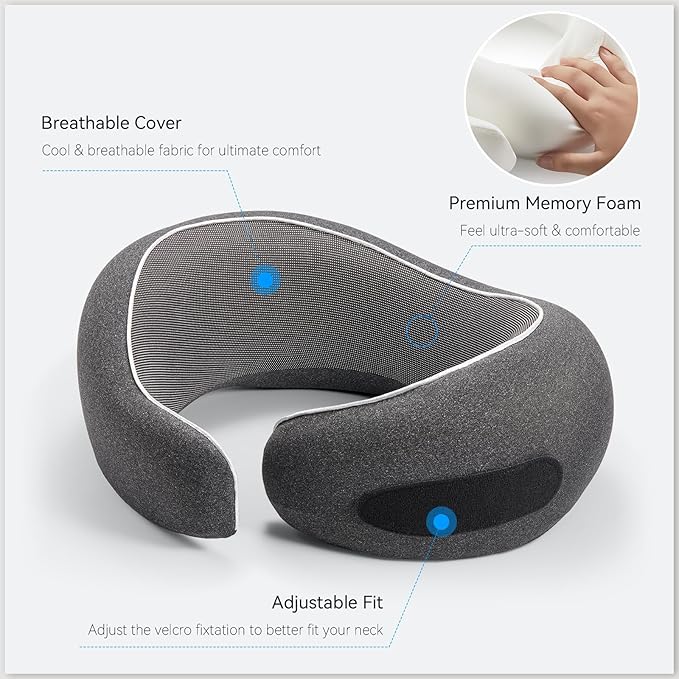 Travel Pillow, 100% Pure Memory Foam Neck Pillow for Airplanes, Comfortable Breathable Cover, Travel Essentials for Plane, Car, Train and Home, Black