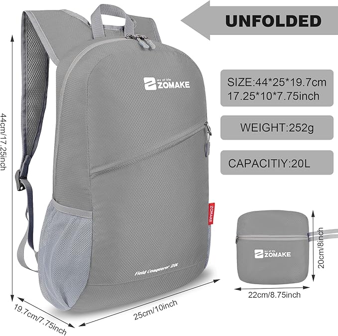 ZOMAKE Lightweight Packable Backpack 20L, Foldable Backpacks Small Daypack for Hiking Water Resistant Day Bag for Travel(Silver Grey)