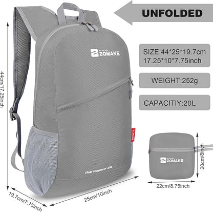 ZOMAKE Lightweight Packable Backpack 20L, Foldable Backpacks Small Daypack for Hiking Water Resistant Day Bag for Travel(Silver Grey)