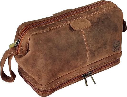 RUSTIC TOWN Leather Toiletry Bag for Men - Travel Gift Shaving Ditty Kit - Bathroom Shower Toiletries Organizer - Cosmetic Makeup Bag for Women