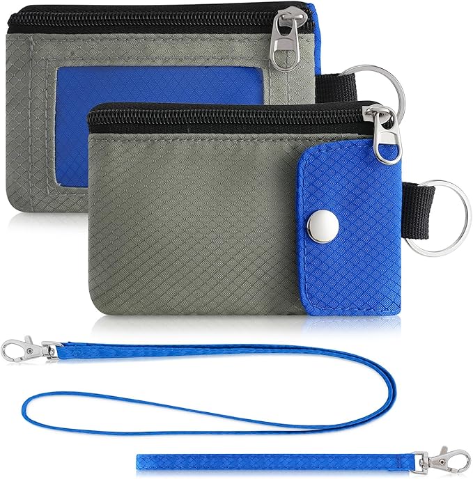 Minimalist Wallet For Mens Womens, Keychain RFID Blocking Zipper Small Wallet with ID Window 2 Lanyards,Water Resistant Travel Cash Card Coin Case Boys Girls