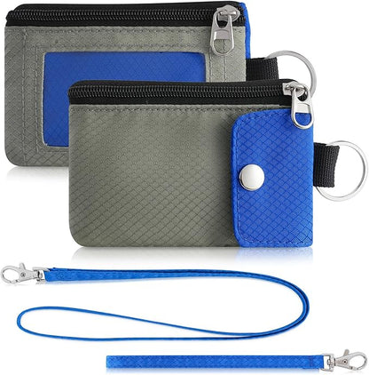 Minimalist Wallet For Mens Womens, Keychain RFID Blocking Zipper Small Wallet with ID Window 2 Lanyards,Water Resistant Travel Cash Card Coin Case Boys Girls