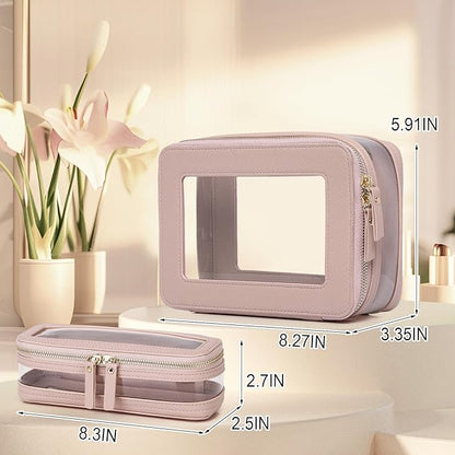Pinkmik Clear Makeup Bag with Brush Case Travel Toiletry Bag Waterproof Cosmetic Organizer Car Essentials for Women (Pink, M+SLIM-1)