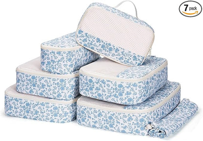 Narwey 7 Set Floral Packing Cubes for Travel Carry on Suitcase Luggage Organizer Bags for Kids Women Men, Durable Packing Organizers Bag, Travel Essentials Accessories (Little Blue Flower)
