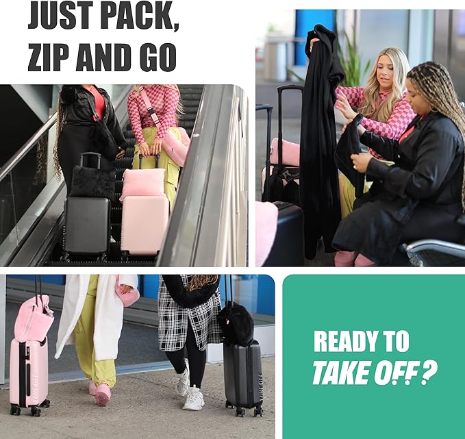 TAKE Off Travel Blanket & Plane Pillow Set – 3-in-1 Compact Blanket with Storage Pouch & Bottle Pocket – Converts to Pillow or Carry Bag – Lightweight Airplane Travel Essentials