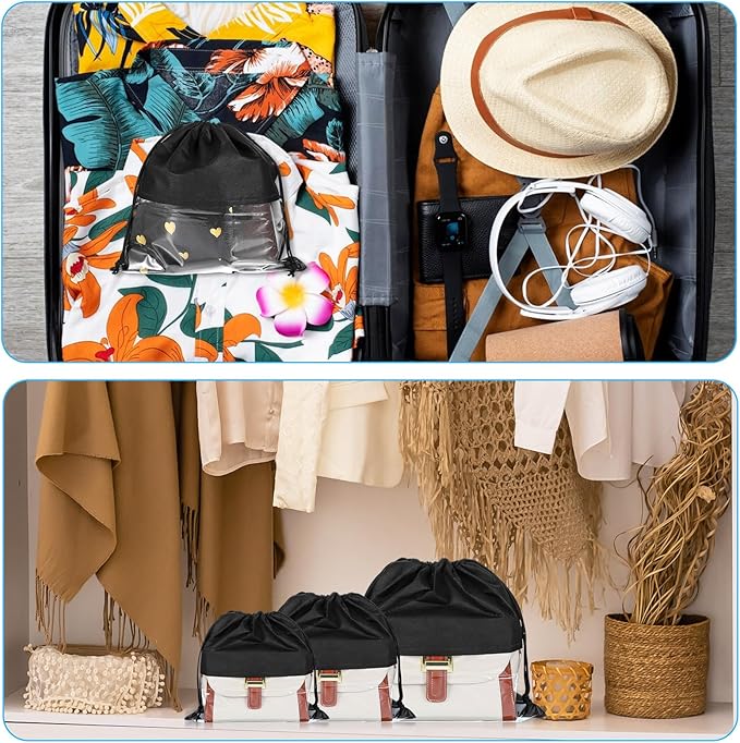 12 Pcs Dustproof Drawstring Bags for Handbags Purse Dust Bags Shoe Bags for Travel Dust Storage Bags Covers String Packing Organizer (Black, 4 Sizes)