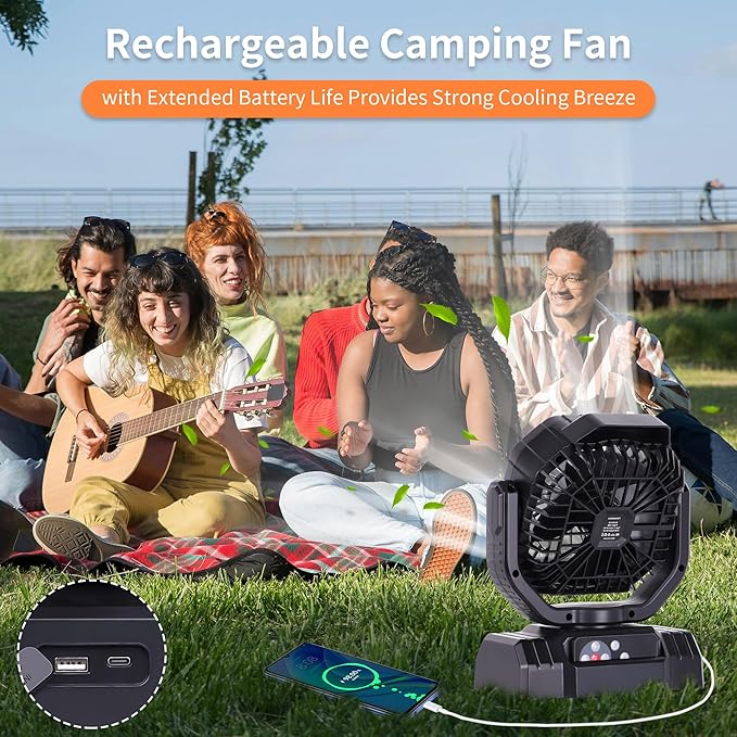 AVV 20000mAh High Speed Portable Camping Rechargeable Fan with Remote Control, Battery Powered with Auto Oscillating with Camping Essentials Accessories for Outdoor, Beach, Patio, Tent, Black