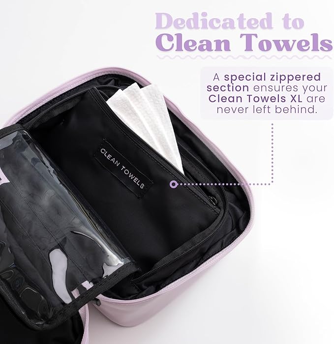 CLEAN SKIN CLUB Clean Towels XL Dedicated Travel Cosmetic Makeup Bag, Portable Large Capacity Beauty Toiletry Water Resistant Organizer Case with Dividers, Zipped Compartments