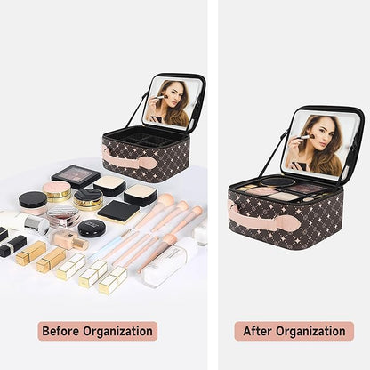 Travel Makeup Bag With 360° rotating LED Mirror,Waterproof cosmetic organizer,Portability Cosmetic case,Makeup organizer,Gift for Women,Girls Gift (Coffee + Pink)