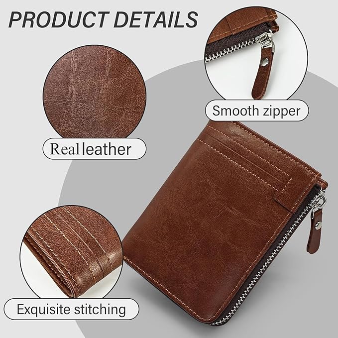 Minimalist Real Leather Wallet for Men with Zipper Card Holder and ID Window RFID Blocking Bifold Wallet (Brown)