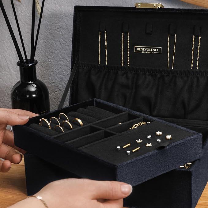 Benevolence LA 2 Layer Jewelry Box for Women, Large Velvet Jewelry Organizer with Decorative Lock, Removable Jewelry Tray, Earrings, Bracelets, Rings and Necklace Storage Box - Ebony