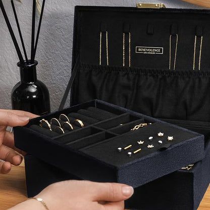 Benevolence LA 2 Layer Jewelry Box for Women, Large Velvet Jewelry Organizer with Decorative Lock, Removable Jewelry Tray, Earrings, Bracelets, Rings and Necklace Storage Box - Ebony
