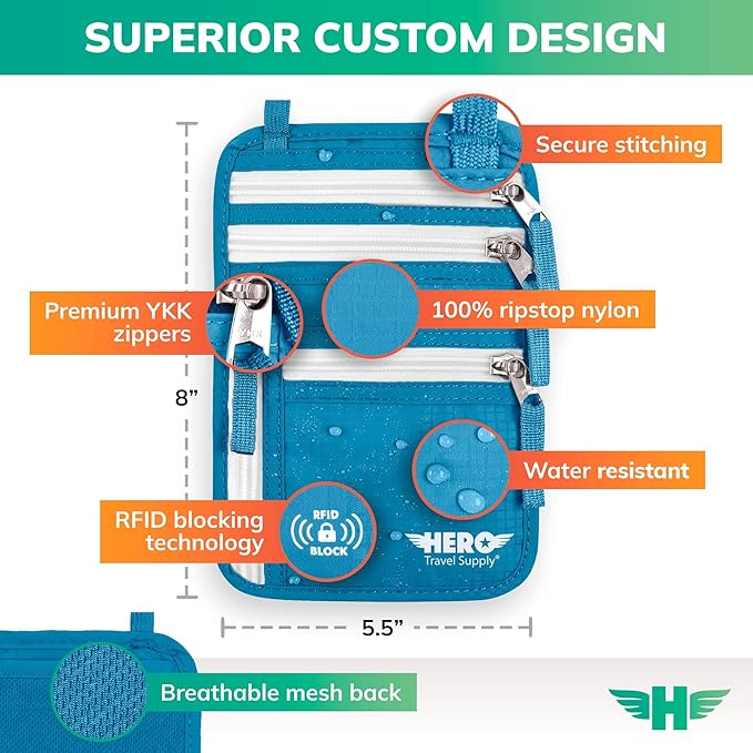 HERO Neck Wallet, RFID Blocking Passport Holder, Easy to Conceal Pouch