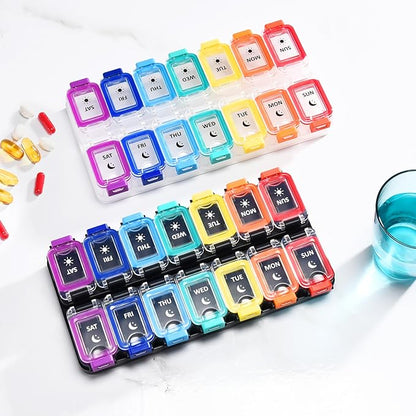 Fullicon Moisture Proof Pill Organizer 2 Times a Day, Large 7 Day Box, Spill Proof Case, Travel Container, Medicine Organizer With Secure Lids (Rainbow Black)