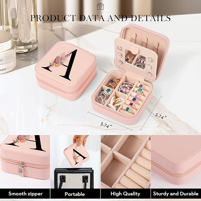 Parima Christmas Stocking Stuffers Gifts Travel Jewelry Case Jewelry Box - Small Initial Jewelry Case Organizer Travel Essentials for Women Birthday Gifts for Mom Friends Bridesmaids - Letter J, Pink