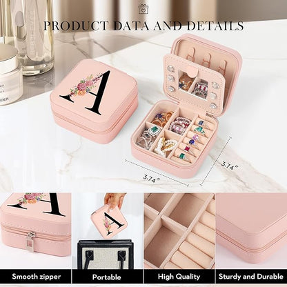 Parima Christmas Stocking Stuffers Gifts Travel Jewelry Case Jewelry Box - Small Initial Jewelry Case Organizer Travel Essentials for Women Birthday Gifts for Mom Friends Bridesmaids - Letter J, Pink