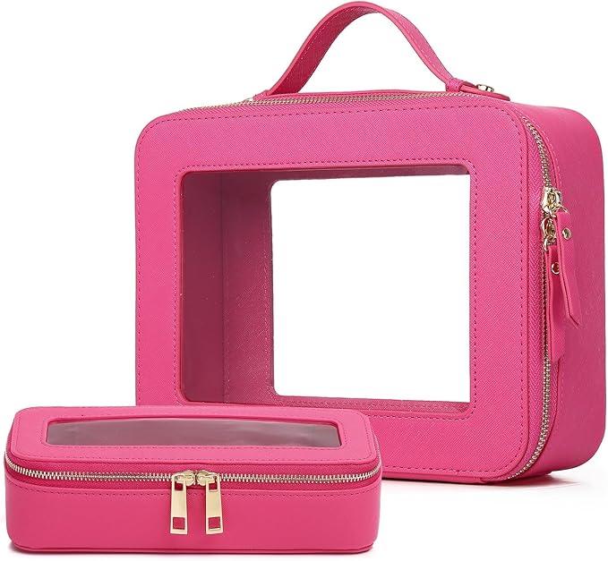 Pinkmik Clear Makeup Bag with Brush Bag 2pcs Waterproof Travel Case for Cosmetics and Toiletries Women's Cosmetic Organizer with Zipper (X/Fuxia, L+SLIM)