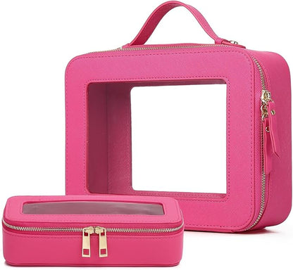 Pinkmik Clear Makeup Bag with Brush Bag 2pcs Waterproof Travel Case for Cosmetics and Toiletries Women's Cosmetic Organizer with Zipper (X/Fuxia, L+SLIM)
