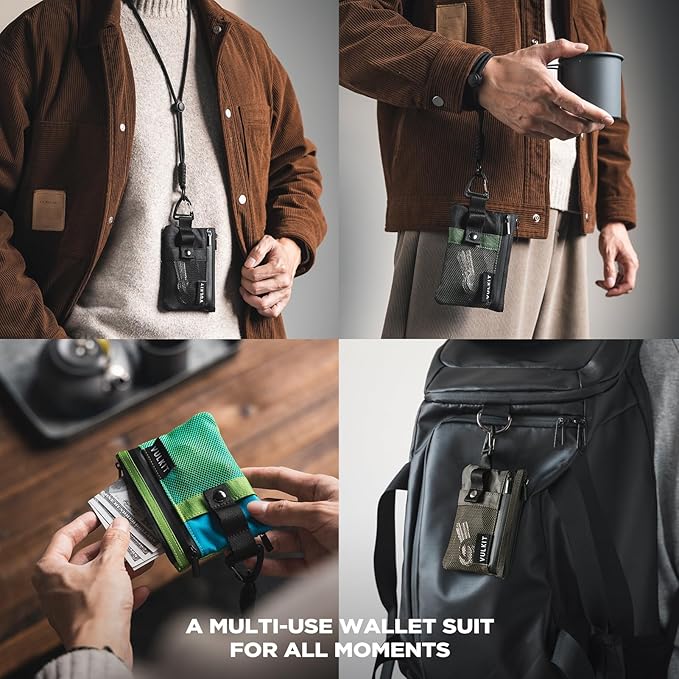 VULKIT Small RFID Wallet for Women & Men – Minimalist Zipper Wallet with ID Window, Keychain & Carabiner, Holds 15 Cards, Water Resistant Travel Lanyard Wallet Camouflage