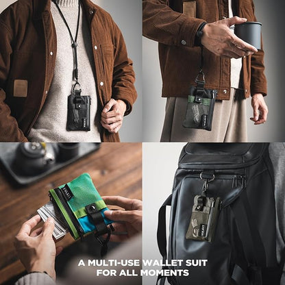 VULKIT Small RFID Wallet for Women & Men – Minimalist Zipper Wallet with ID Window, Keychain & Carabiner, Holds 15 Cards, Water Resistant Travel Lanyard Wallet Camouflage
