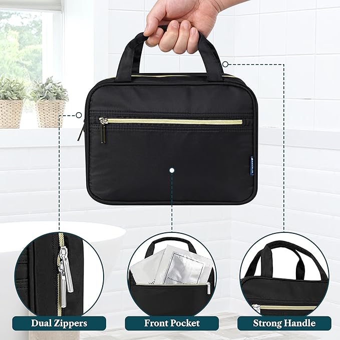 PAVILIA Hanging Toiletry Bag Travel Bag Women Men, Foldable Cosmetic Organizer, Roll up Makeup Bag, Water Resistant Accessories Toiletries, Large Travel Essentials Kit (Black Gold)