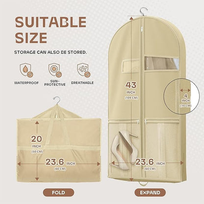 43" Travel Garment Bag with Accessories Zipper Pocket, Heavy Duty Suit Bag for Suits, Tuxedos, Dresses, Coats, Beige, 1 pack