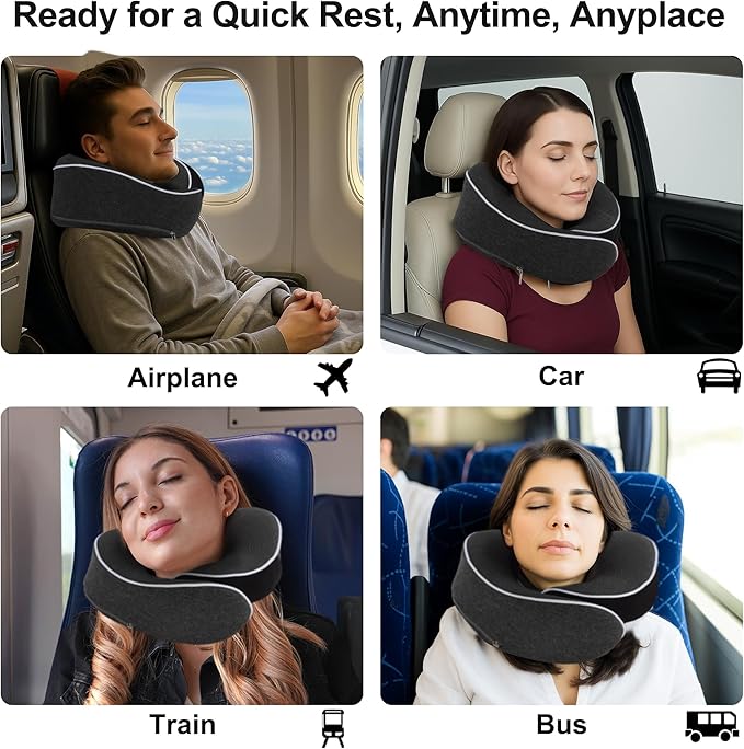 VOCOSTE Neck Pillow for Airplane Travel, Ergonomic Memory Foam Support for Long Flights, with Eye Mask & Earplugs, Home & Office Nap, Gifts for Frequent Flyer, Deep Gray