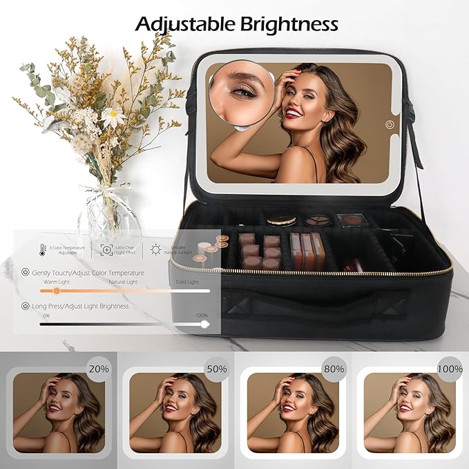 MOMIRA Large Makeup Train Case with Lighted and Mirror Partitionable Cosmetic Bag Travel Makeup Case Professional Cosmetic Artist Organizer, Waterproof Portable, with Shoulder Stra
