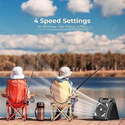 PANERGY Solar Fan with Lantern for Camping, Rechargeable Battery Powered Fan(36H cooling/60H lighting), 4-Speed, 8H Timer, 90°Folding Cordless & Portable for Outdoor Travel RV Power Outage