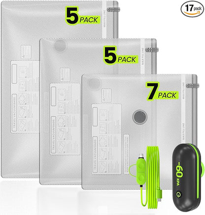 (17PACK) Travel Vacuum Bags with USB Pump-Portable Vacuum Packing Seal for for Travel & Home, Vacuum Compression Packing Seal Bags for Clothes, Bedding & Seasonal Storage
