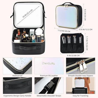 Travel Makeup Bag with LED Mirror – Waterproof Cosmetic Train Case with Adjustable Dividers, Portable Makeup Organizer and Toiletry Bag for Women, Pink Teens & Girls Gift