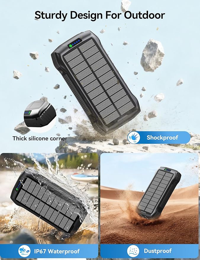 Solar Charger Power Bank, 40000mAh Wireless Portable Charger QC3.0 PD 20W Fast Charging with USB-C in/Output, External Battery Pack with Dual Flashlights Hiking Camping Essential