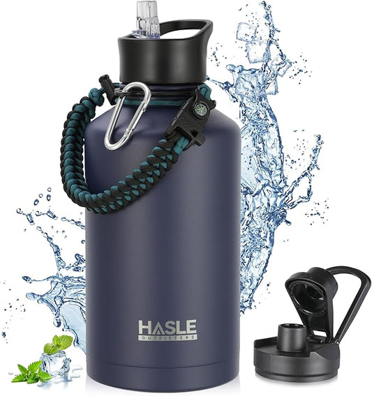 HASLE OUTFITTERS Half Gallon Insulated Water Bottles 64 oz, Stainless Steel Metal Water Jug with 2 Lids Keep Cold 48h/Hot 24h, Leak Proof & BPA-Free Water Flask Jug(Navy,1)