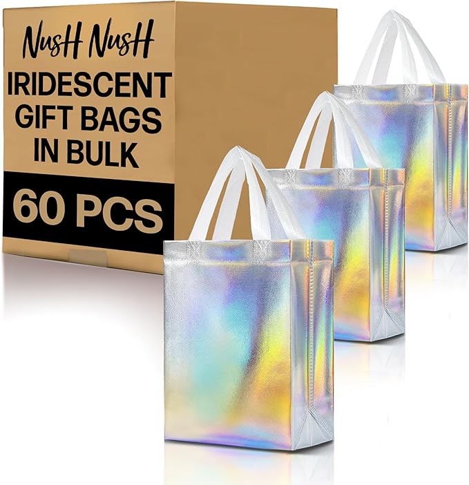 Nush Nush Set of 60 Iridescent Gift Bags Bulk – Medium Size, Holographic Silver Bulk Gift Bags With Handles - Ideal Reusable Goodie Bag for Birthday, Bachelorette Party Favors, Small Business – 8x4x10