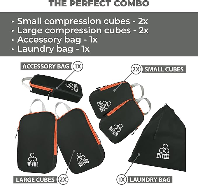 Beeyond Compression Packing Cubes Set - 6 Pieces for Travel and Luggage Organization, Includes Large & Small Cubes, Accessories Bag, and Laundry Bag