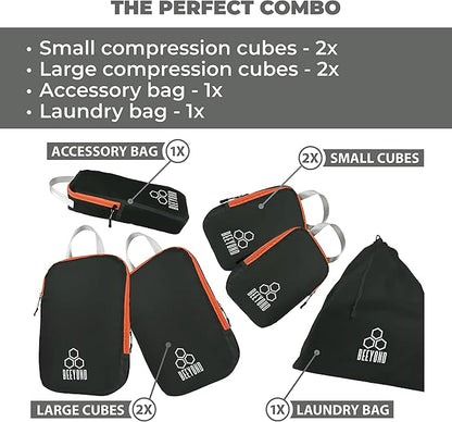 Beeyond Compression Packing Cubes Set - 6 Pieces for Travel and Luggage Organization, Includes Large & Small Cubes, Accessories Bag, and Laundry Bag