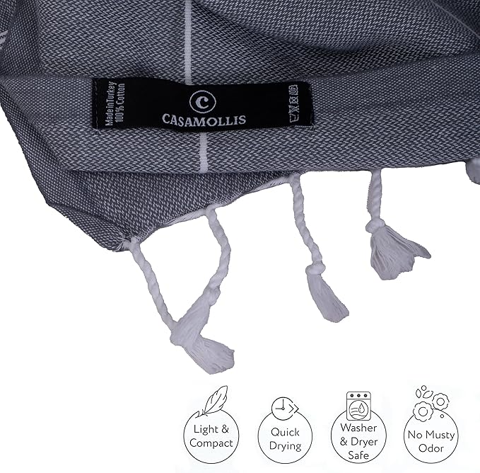 Turkish Beach Towel, Prewashed, 100% Cotton, Soft, Absorbent, Quick Dry, Sand Free Large Oversize Beach Towels for Bathroom Camping Yoga Gym Pool Travel Size 39x71 Inches (Gray)