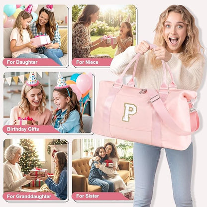 Dance Gym Duffel Bag for Teen Girls, Personalized Initial Travel Weekender Bag,Cute Overnight Carry On Duffle for Women,Sports Travel Cheer Bag,Monogram Christmas Gifts for Tween Preppy(pink-P)