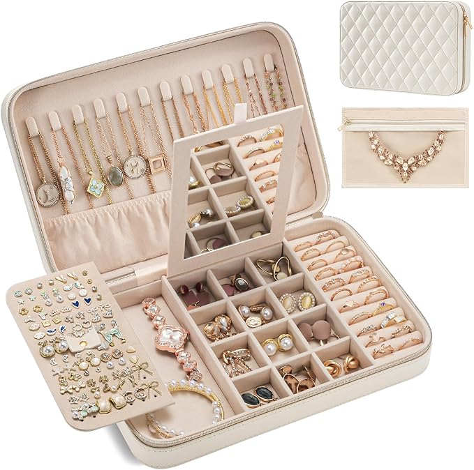 Lolalet Travel Jewelry Case for Women Girls, Travel Jewelry Organizer Box with Mirror & Clear Storage Bag, Small Portable Earring Necklace Bracelet Ring Case, Birthday Christmas Gifts -Large, White