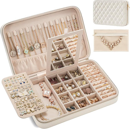 Lolalet Travel Jewelry Case for Women Girls, Travel Jewelry Organizer Box with Mirror & Clear Storage Bag, Small Portable Earring Necklace Bracelet Ring Case, Birthday Christmas Gifts -Large, White