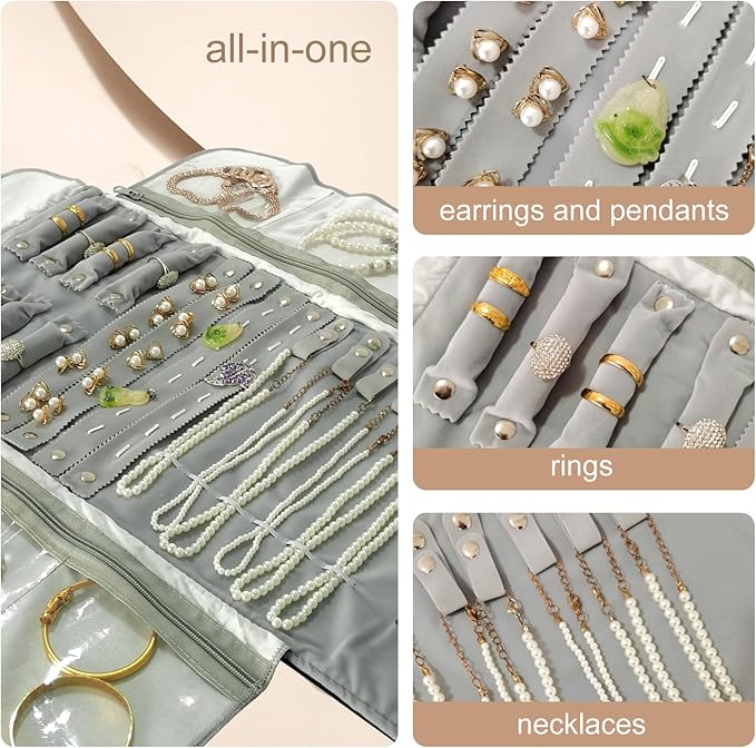 Velvet Travel Jewelry Case Roll Bag Organizer for Necklace Bracelet Earrings Ring (Black) (grey and black)