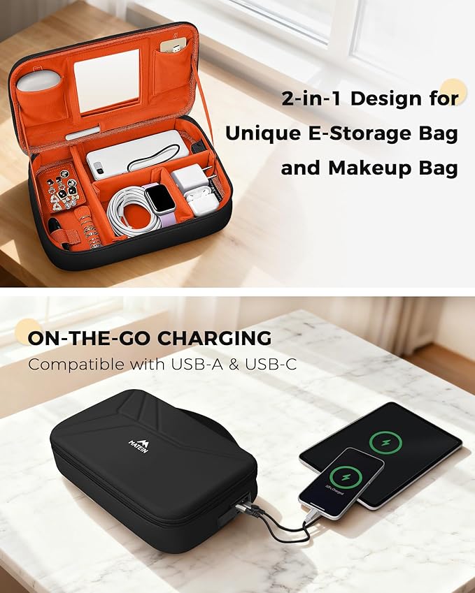 MATEIN Charger Cord Organizer with USB-C & USB-A Ports, Hardshell Cable Organizer Bag Cord Storage for Travel, Water Resistant 2-in-1 Electronics Case for Tech Accessories and Cosmetics, Black
