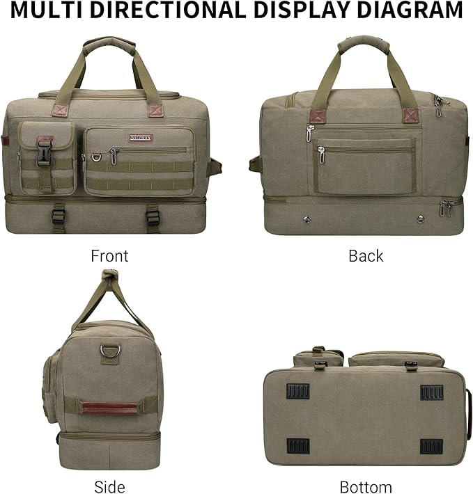 WITZMAN Duffle Bag for Men 50L Canvas Weekender Overnight Bag with Toiletry Bag Sets Travel Duffel Bag Shoes Compartment(A8010-2 Army Green)