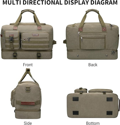 WITZMAN Duffle Bag for Men 50L Canvas Weekender Overnight Bag with Toiletry Bag Sets Travel Duffel Bag Shoes Compartment(A8010-2 Army Green)