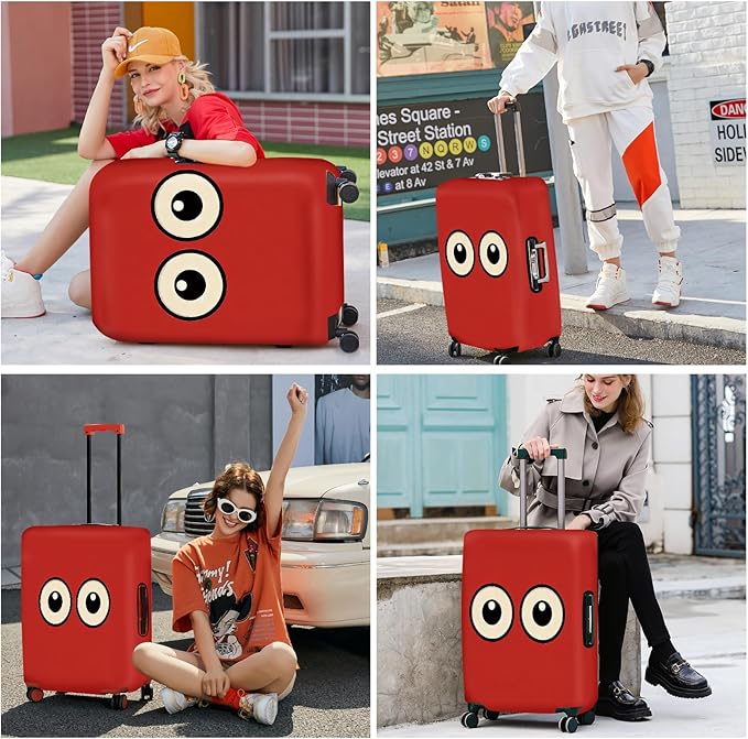 ANNA QUEEN Funny Cartoon Eyes Luggage Cover, Red Suitcase Protector with Cute Big Eyes Design, Travel Suitcase Cover for 28-30 Inch Luggage, Stretchable & Washable Spandex Travel Accessories