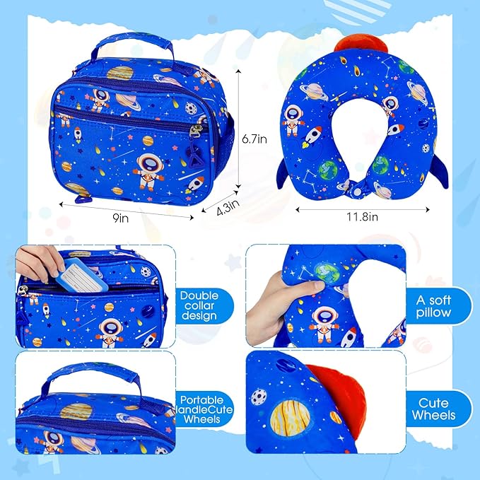 Redbaker 6 Pcs Kids Luggage Set 17 Inch Kids Rolling Luggage Double Pattern Suitcase for Girls Boys School Gift(Light Blue,Astronauts)