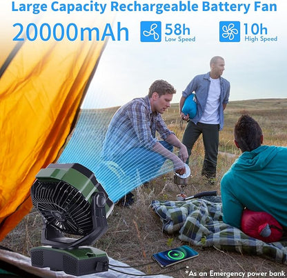 Camping Fan 20000mAh Rechargeable Battery Operated fan Outdoor Tent Fan with Light & Hook, knob Speeds, Personal USB Desk Fan for Camping, Power Outage Jobsite Green X68
