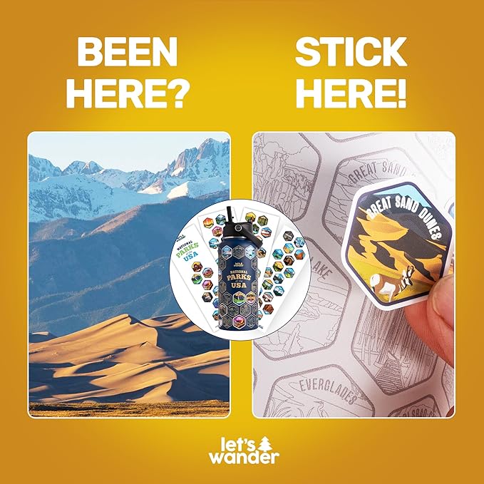 LET'S WANDER National Parks Water Bottle 2.0 Ultimate Bundle | Includes Straw Lid, Chug Lid & 2 Sets of 63 Waterproof Stickers | 32oz Leakproof Insulated Stainless Steel Gift Pack (Blue)