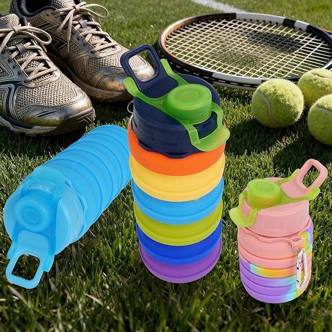 8 Pcs Collapsible Water Bottles with Clip 16 oz Portable Reusable Leakproof Silicone Foldable Water Bottles for Travel Camping Cycling Hiking Gym Yoga Outdoor Sports