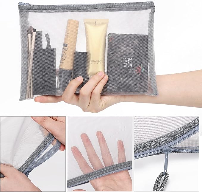 12 Pieces Zipper Nylon Mesh Pouch, Mesh Cosmetic Bags Makeup Bags Pencil Case, Multipurpose Travel Bags for Cosmetic School Office Supplies and Travel Accessories (Grey, A5+B6)